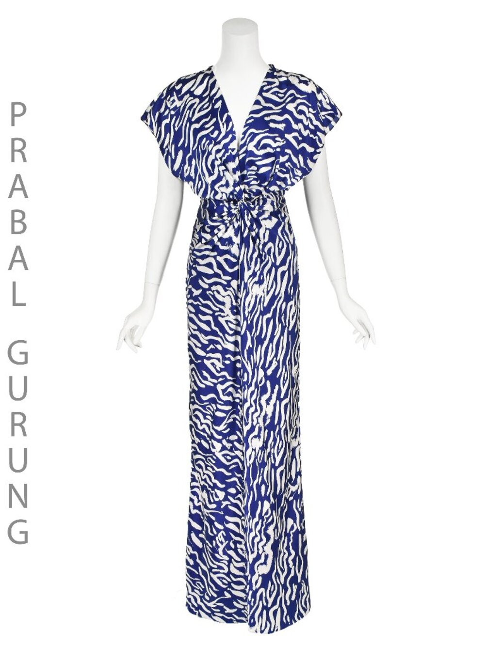PRABAL GURUNG c. 2019 Blue & White Silk Charmeuse Animal Print Maxi Dress, SZ 4